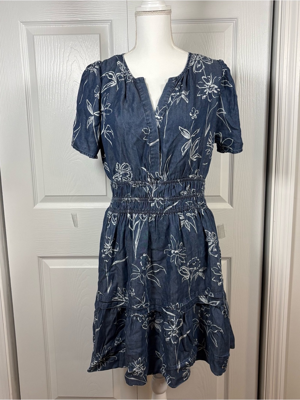 Velvet Heart Tencel Floral Chambray Dress M Boho Cottagecore Tiered